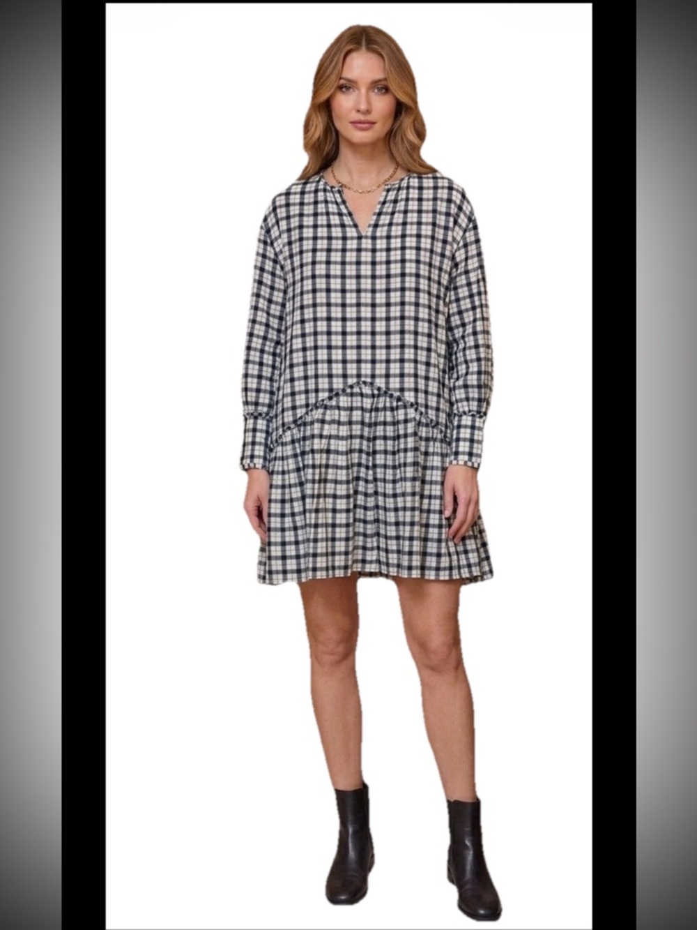 Munthe NWOT Black White Plaid 100% Cotton Tiered Dress 34